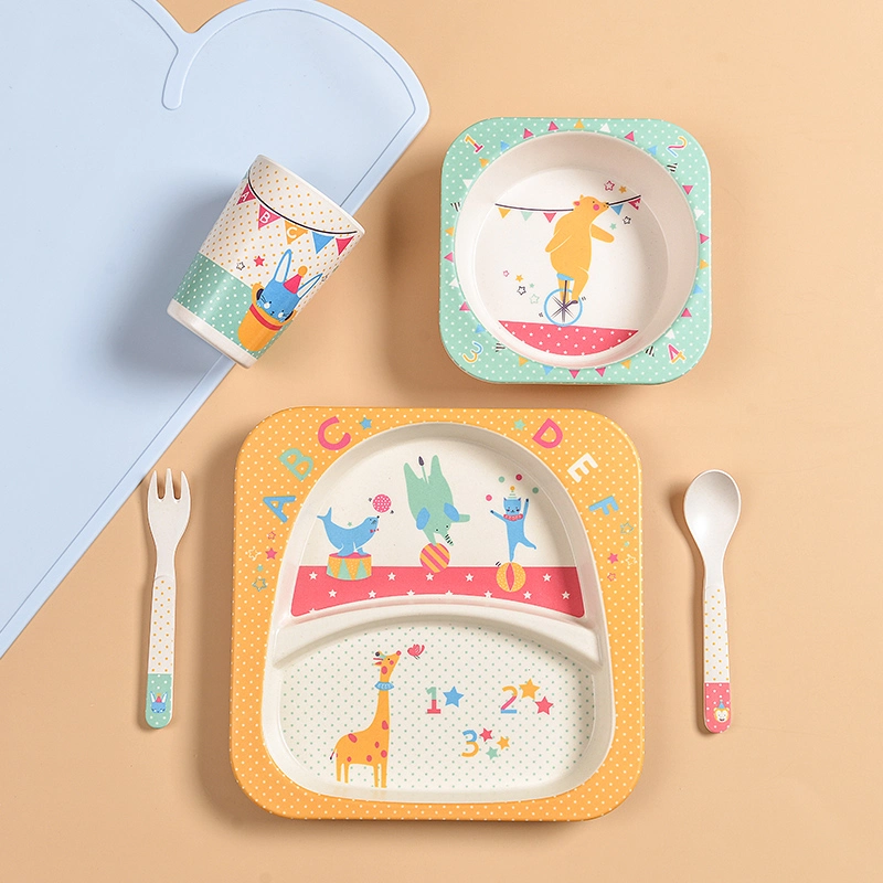 Tableware 5PCS Set Bamboo Fiber Kids Animal Cartoon Melamine Bamboo Kids Dinnerware Set