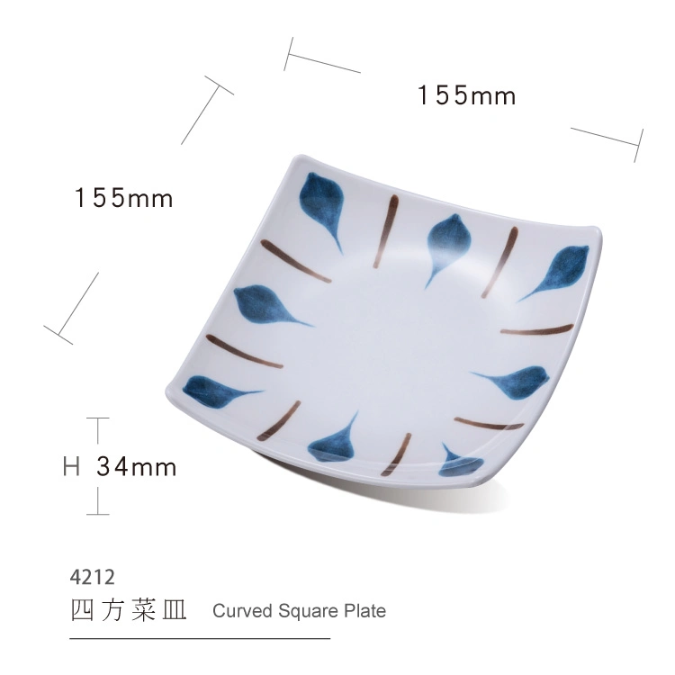 Japanese Style Plastic White Blue 100% Melamine Curved Square Plate