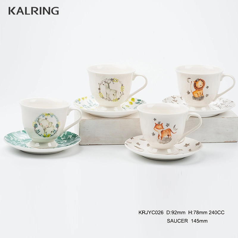 Ceramic Mug 8′ Palte Cup and Saucer with Color Glaze with Animal Design as Dinner Set