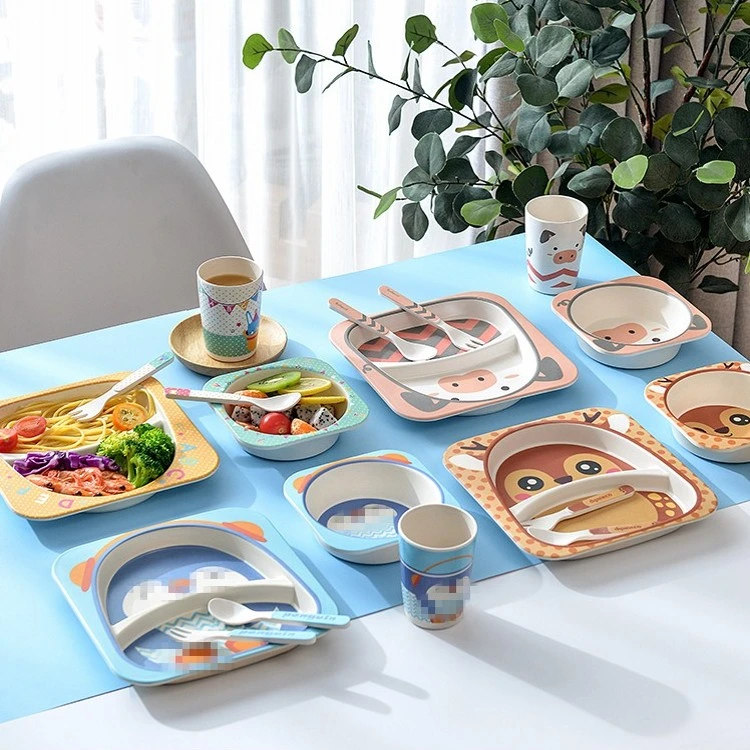 Tableware 5PCS Set Bamboo Fiber Kids Animal Cartoon Melamine Bamboo Kids Dinnerware Set