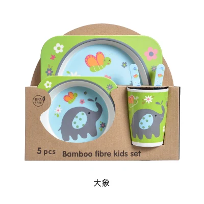 Conjunto de utensílios de mesa com 5 peças de fibra de bambu para crianças animais de desenhos animados de melamina conjunto de louça para crianças de bambu